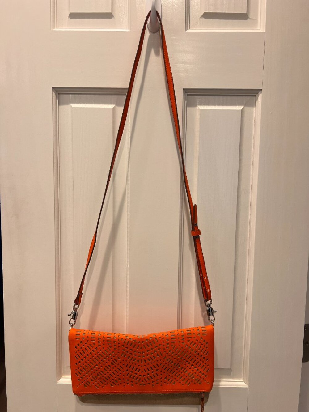 Stella & Dot Orange Leather & Khaki Canvas Crossbody or Clutch Purse/Bag